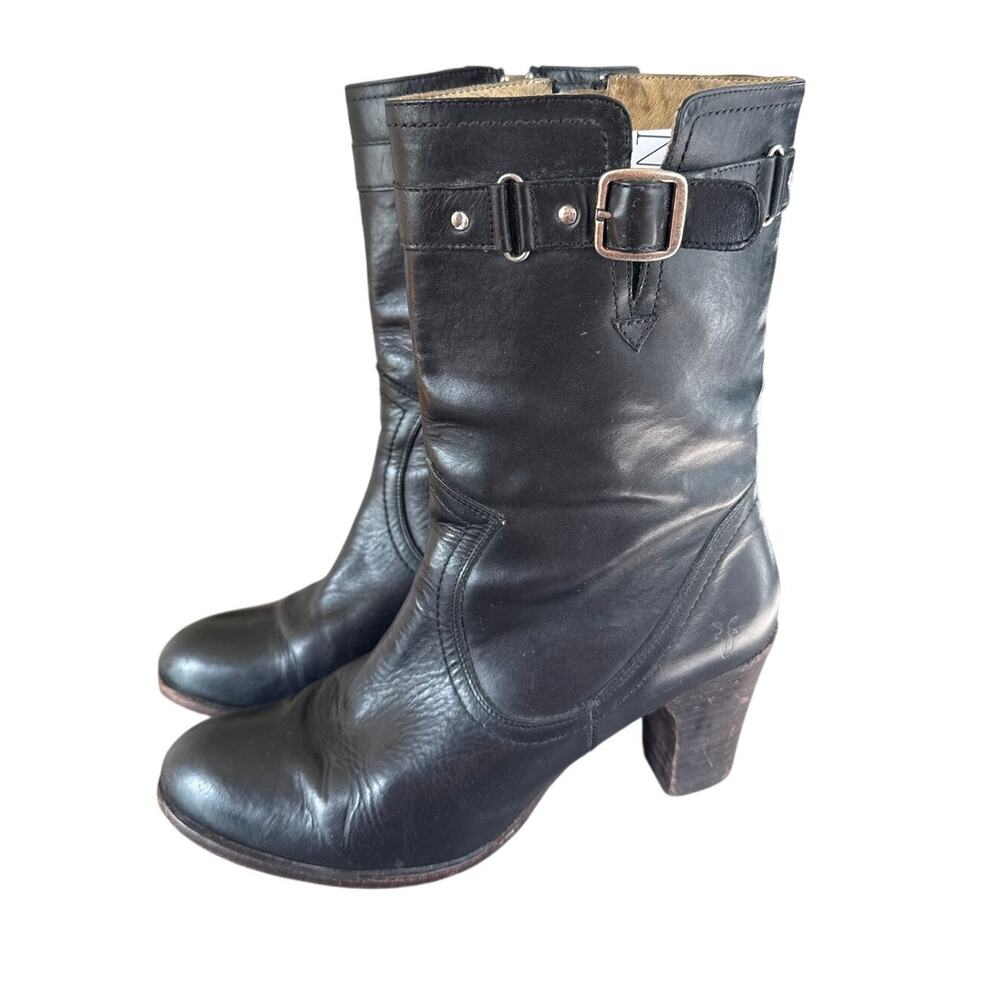 FRYE Black Leather Heeled Boots Mid Calf Size 8.5 Vintage
